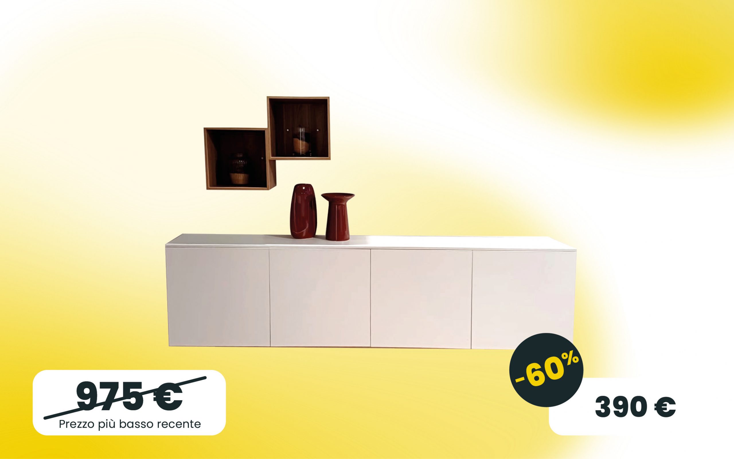 Immagine madia sospesa Bianco con cubotti a uso libreria a giorno a muro in Noce biondo