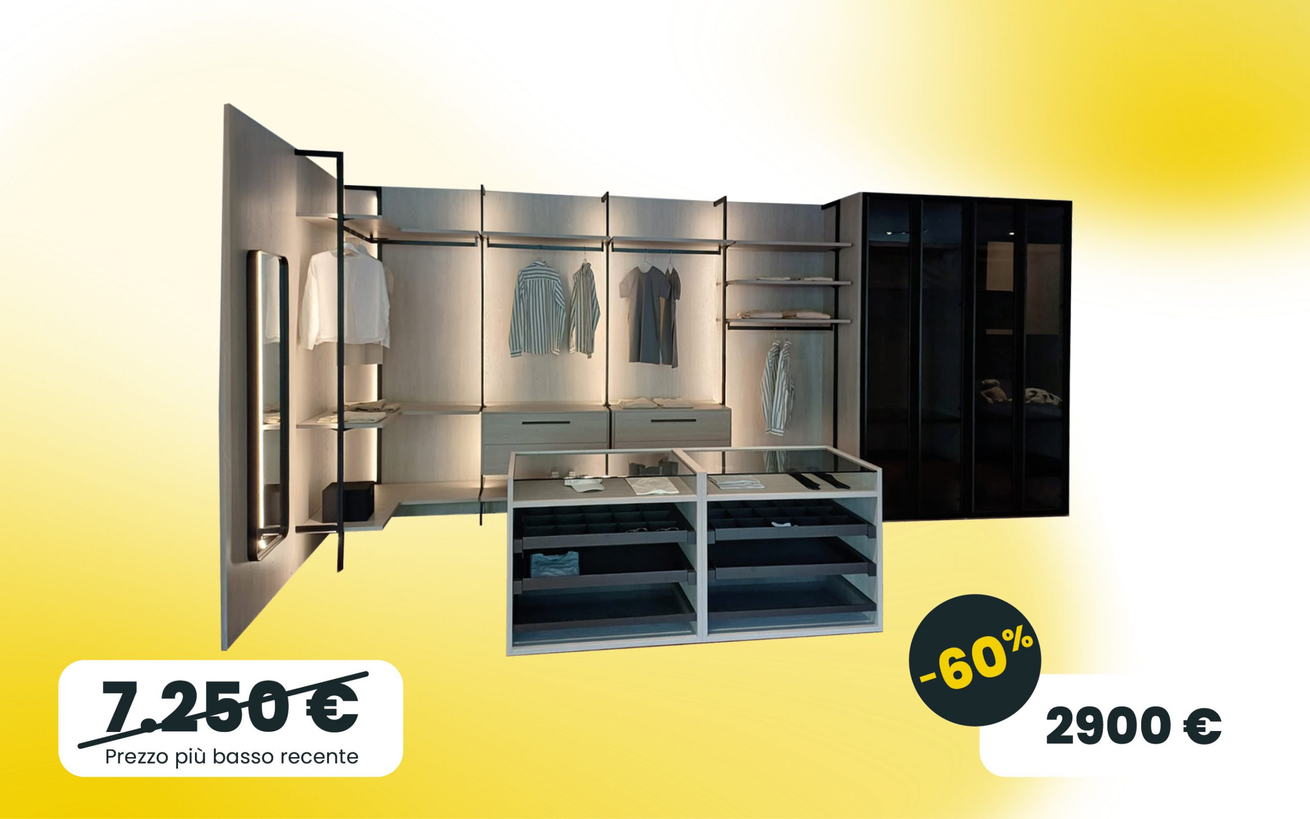 Immagine cabina armadio con boiserie in Rovere grigio e ante con telaio nero e vetro tramato