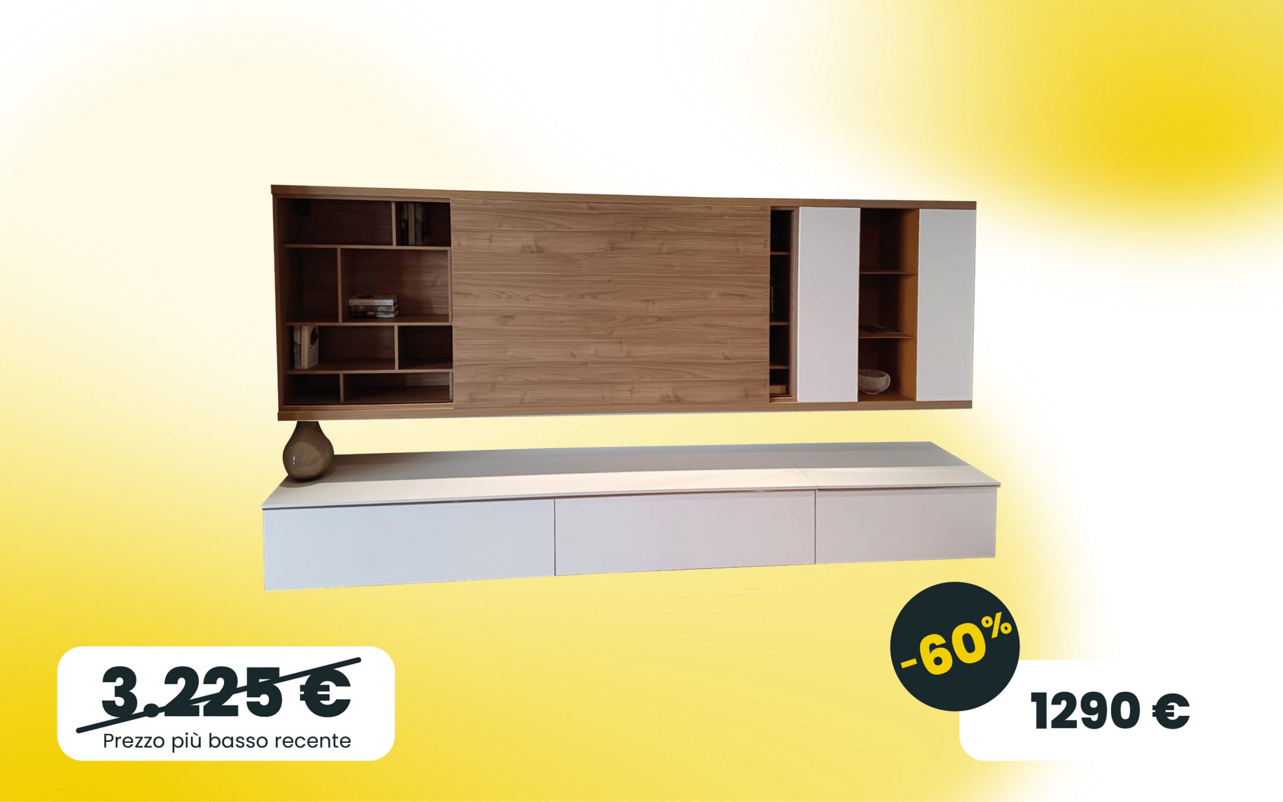 Soggiorno sospeso gusto nordico Bianco e Noce biondo