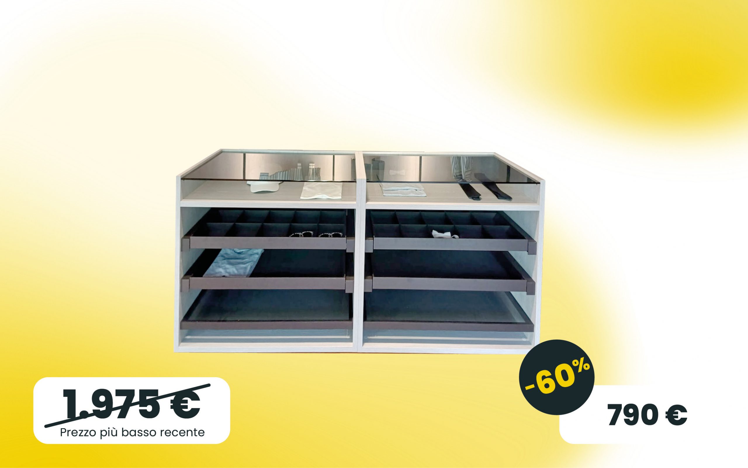 Elemento contenitivo centrale per cabina armadio vassoi estraibili piani in vetro fumè